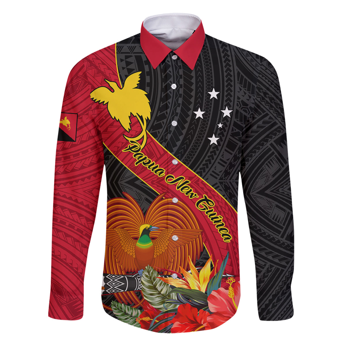 Personalised Papua New Guinea Family Matching Off Shoulder Maxi Dress and Hawaiian Shirt Bird Of Paradise With Tropical Flower LT01 Dad's Shirt - Long Sleeve Black - Polynesian Pride