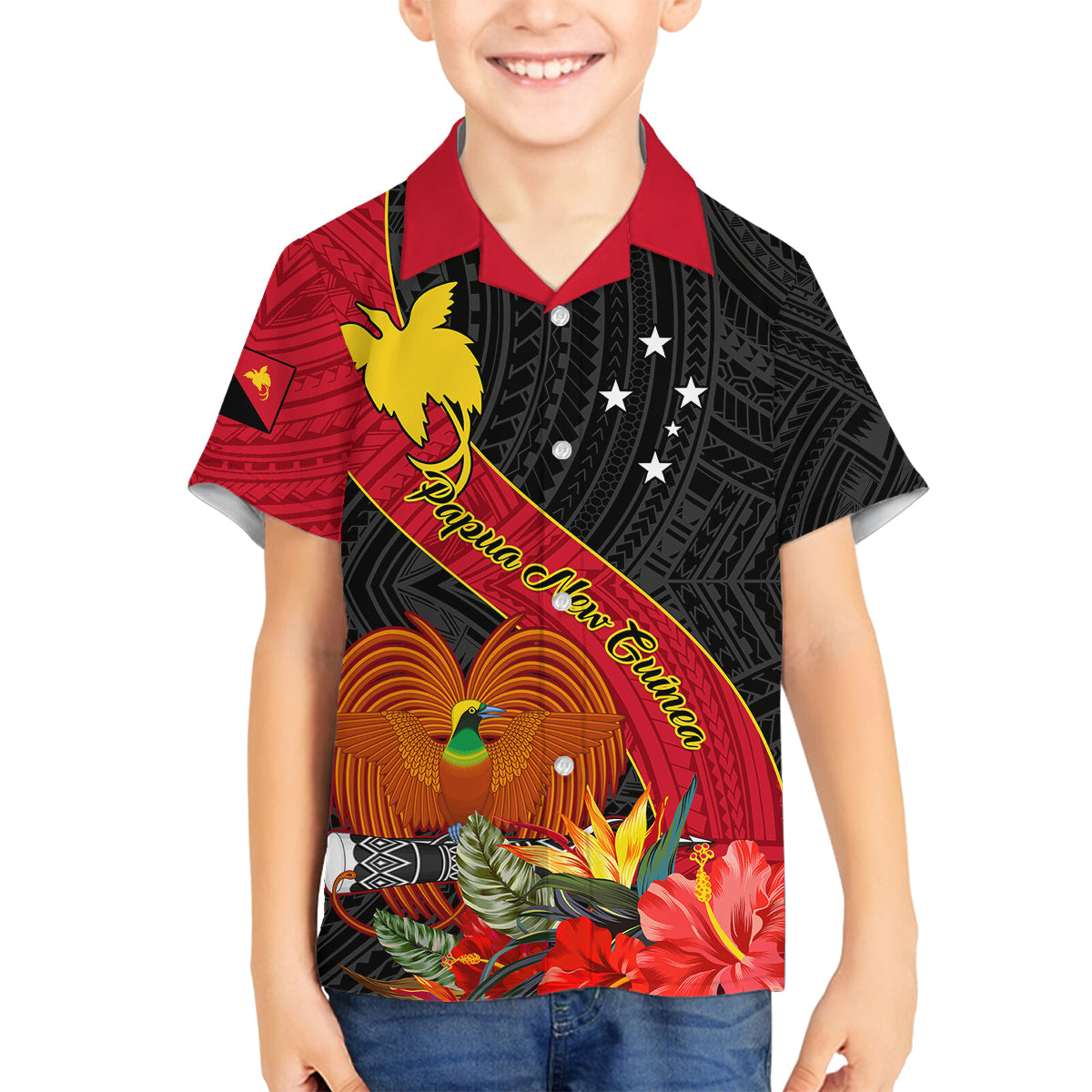 Personalised Papua New Guinea Family Matching Summer Maxi Dress and Hawaiian Shirt Bird Of Paradise With Tropical Flower LT01 Son's Shirt Black - Polynesian Pride