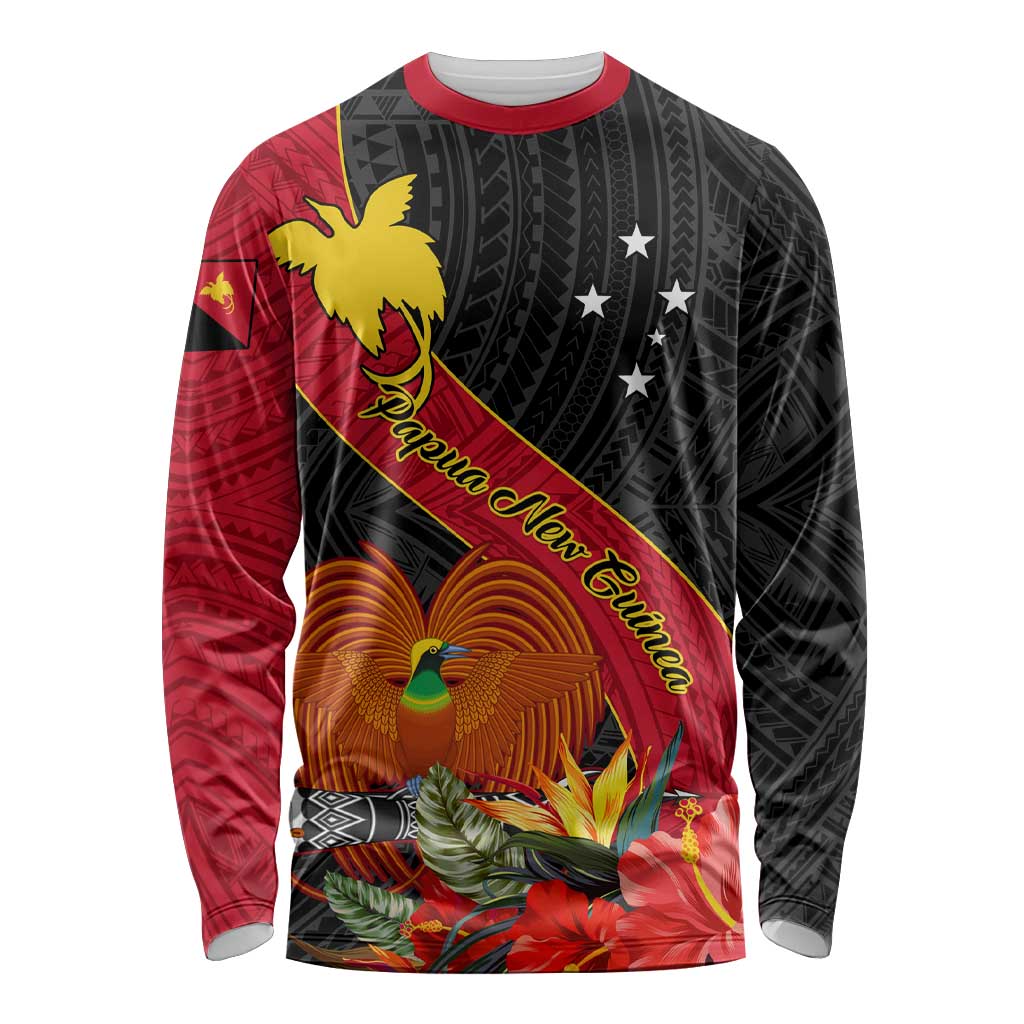 Personalised Papua New Guinea Long Sleeve Shirt Bird Of Paradise With Tropical Flower LT01 Unisex Black - Polynesian Pride