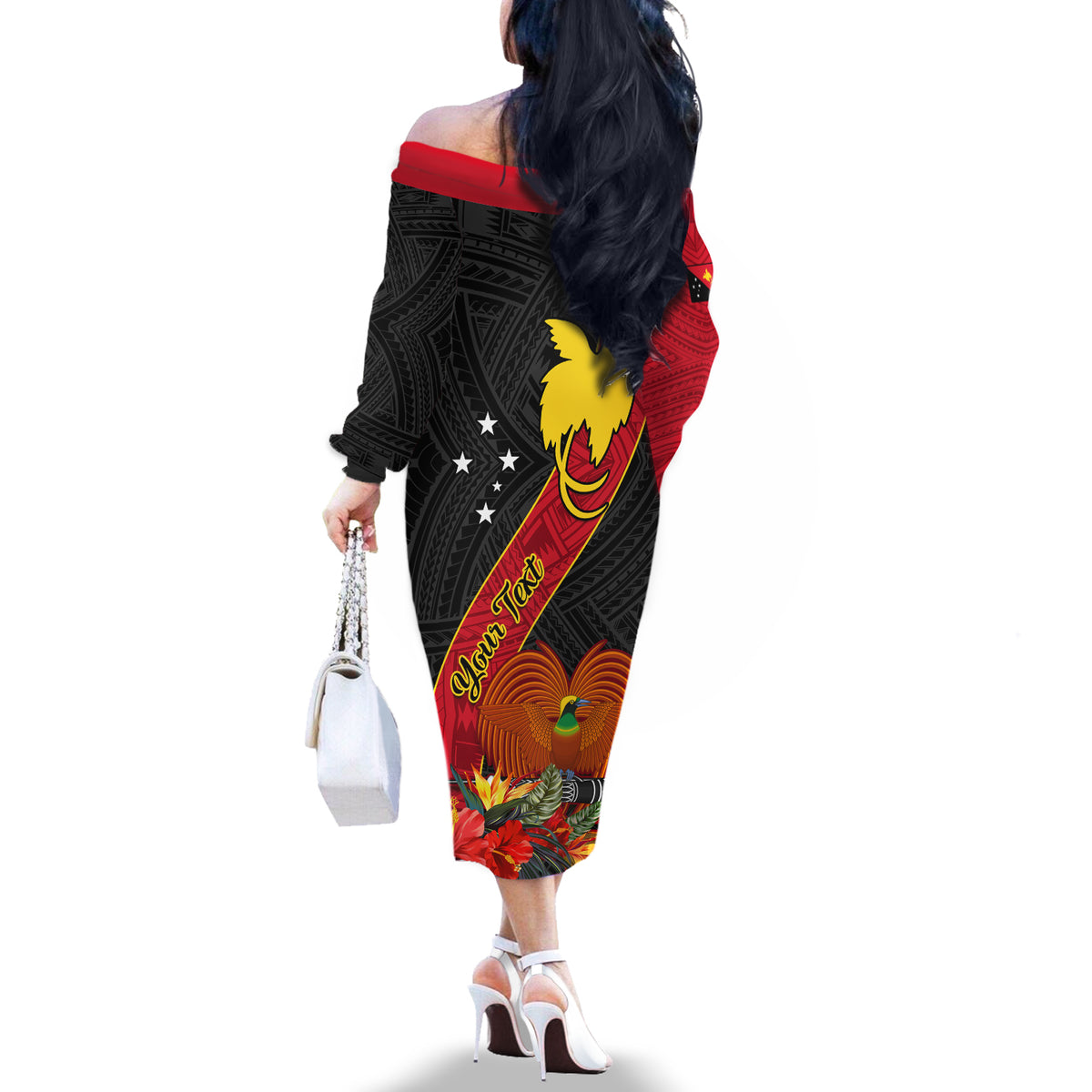 Personalised Papua New Guinea Off The Shoulder Long Sleeve Dress Bird Of Paradise With Tropical Flower LT01 - Polynesian Pride