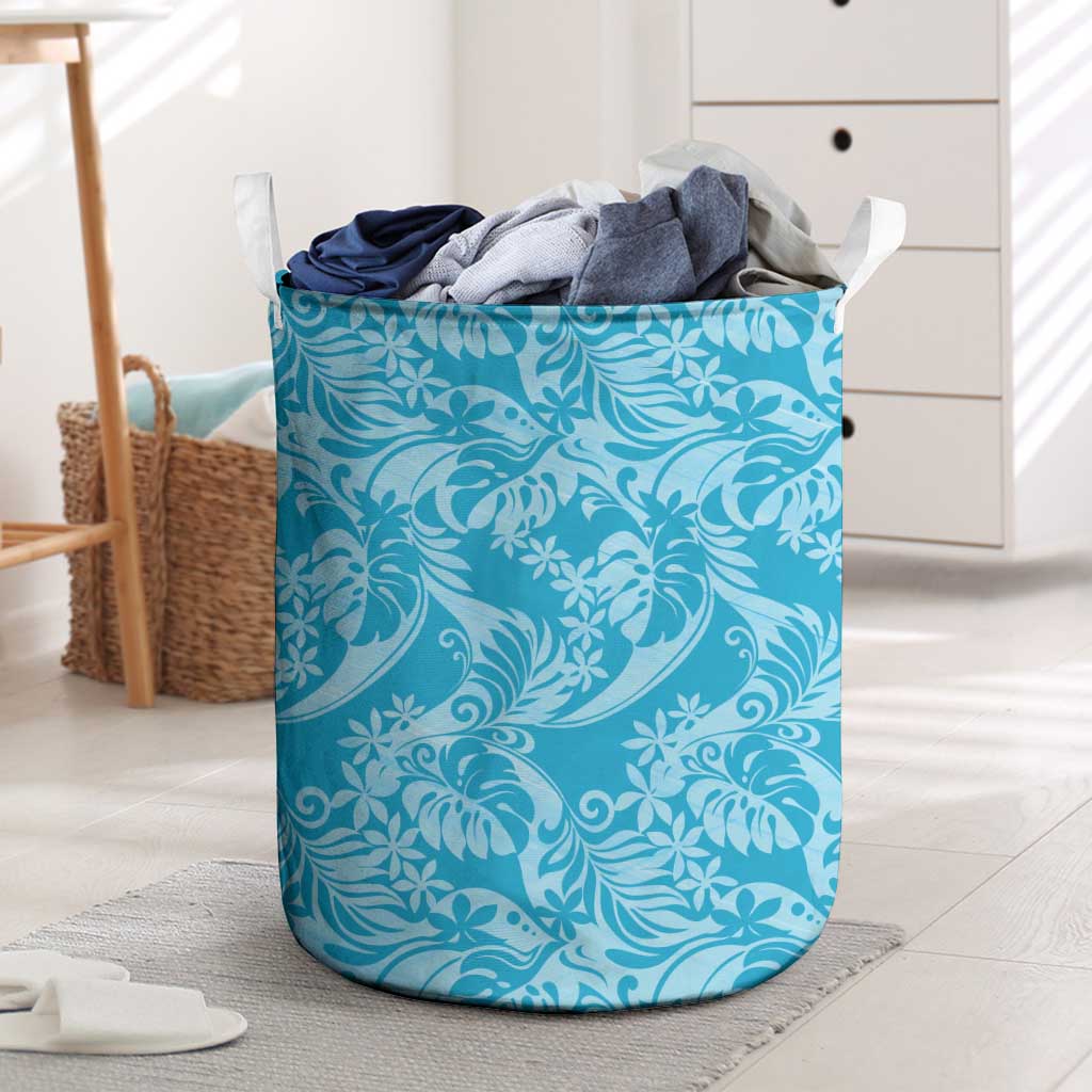 Tahiti Ninamu Tiare Floral Laundry Basket Monstera Palm Tropical Leaves LT01 Blue - Polynesian Pride