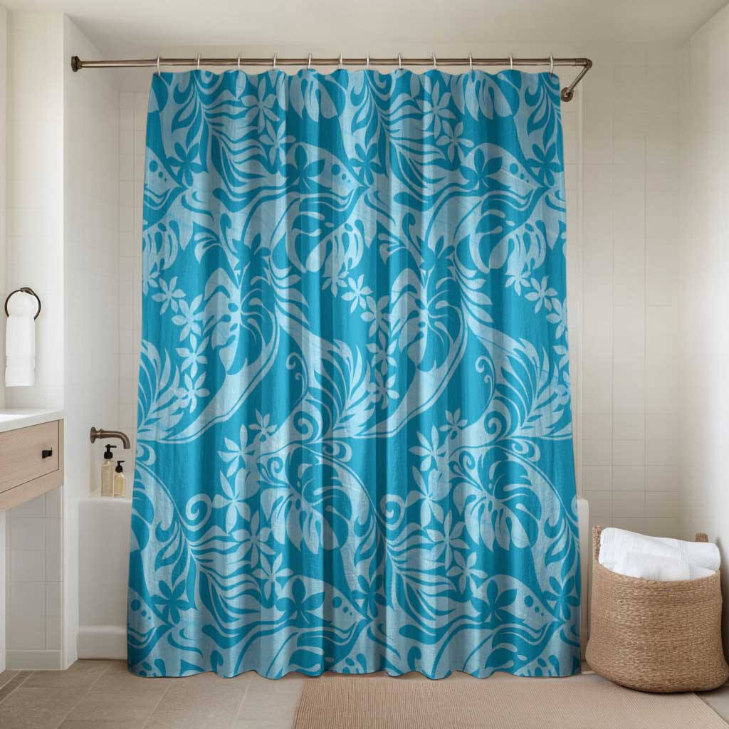 Tahiti Ninamu Tiare Floral Bathroom Set Monstera Palm Tropical Leaves LT01 Shower Curtain Only Blue - Polynesian Pride