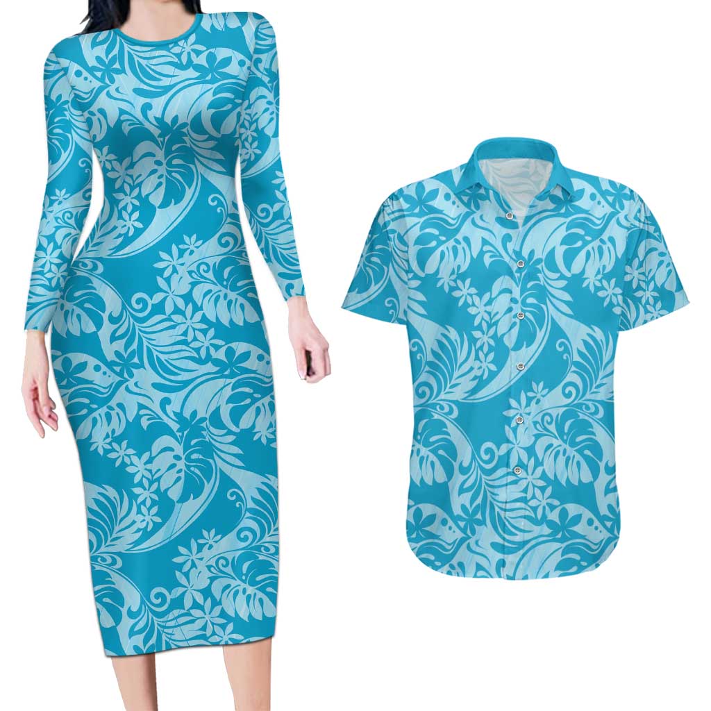 Tahiti Ninamu Tiare Floral Couples Matching Long Sleeve Bodycon Dress and Hawaiian Shirt Monstera Palm Tropical Leaves LT01 Blue - Polynesian Pride