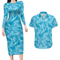 Tahiti Ninamu Tiare Floral Couples Matching Long Sleeve Bodycon Dress and Hawaiian Shirt Monstera Palm Tropical Leaves LT01 Blue - Polynesian Pride