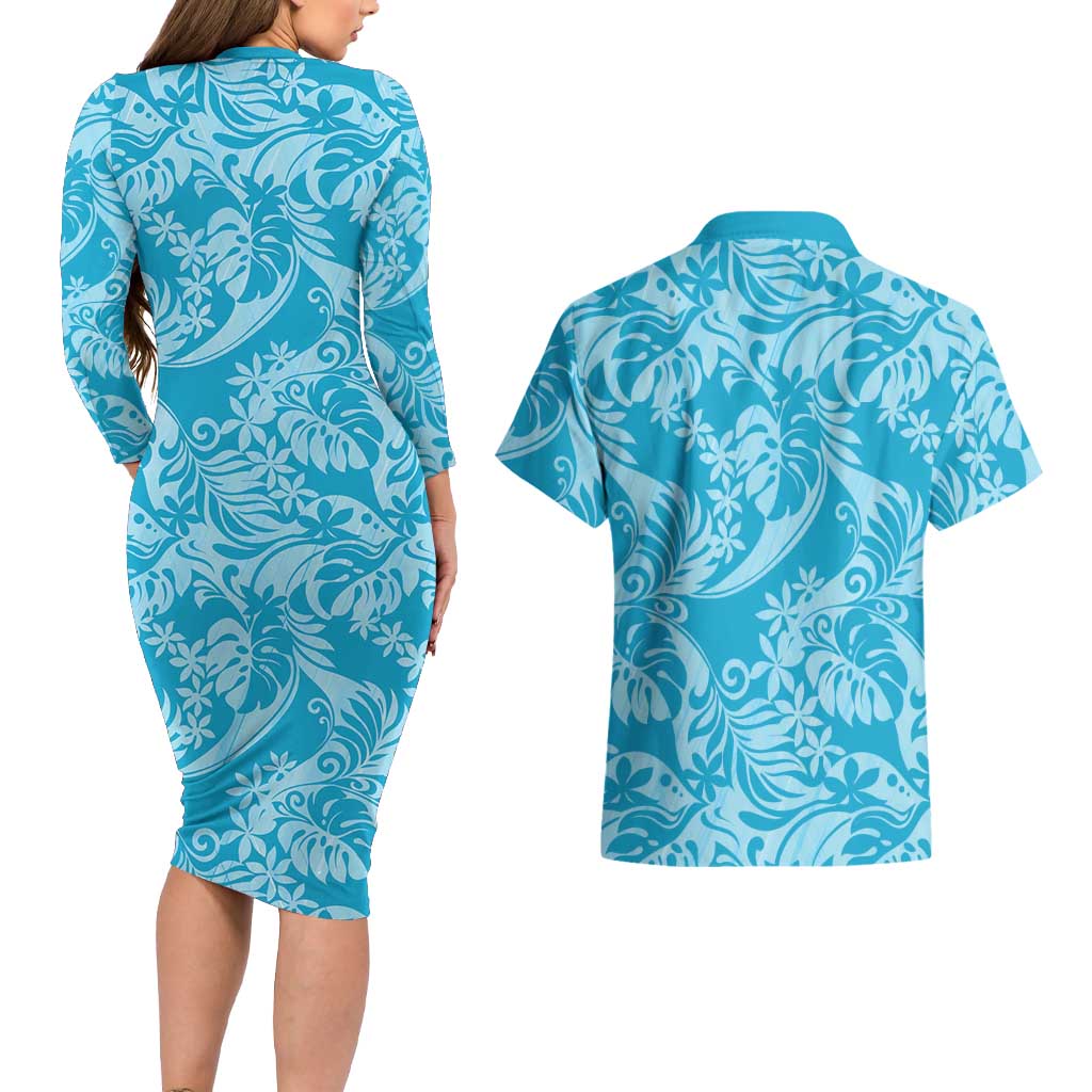 Tahiti Ninamu Tiare Floral Couples Matching Long Sleeve Bodycon Dress and Hawaiian Shirt Monstera Palm Tropical Leaves LT01 - Polynesian Pride