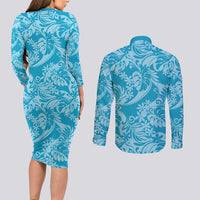 Tahiti Ninamu Tiare Floral Couples Matching Long Sleeve Bodycon Dress and Long Sleeve Button Shirt Monstera Palm Tropical Leaves LT01 - Polynesian Pride