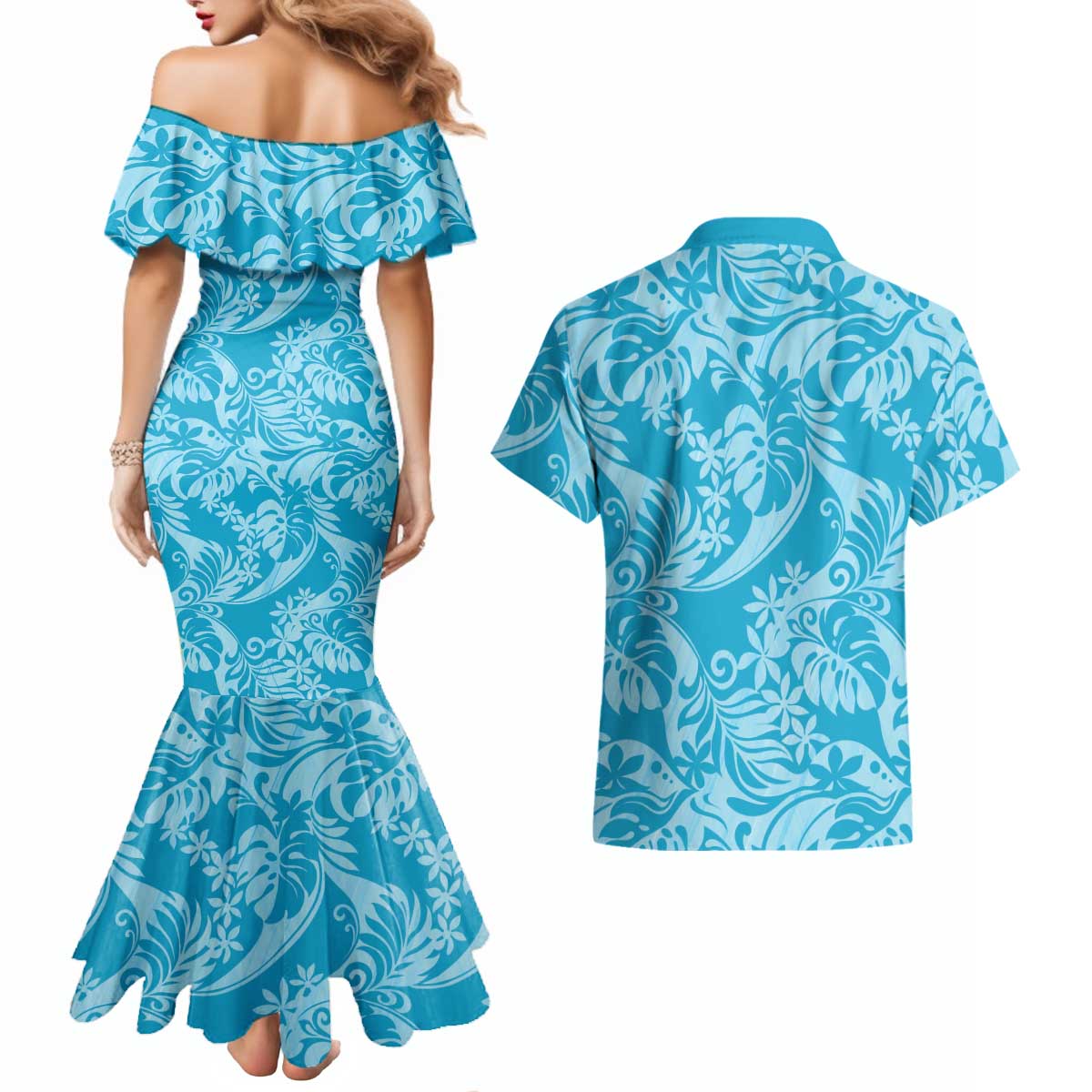 Tahiti Ninamu Tiare Floral Couples Matching Mermaid Dress and Hawaiian Shirt Monstera Palm Tropical Leaves LT01 - Polynesian Pride