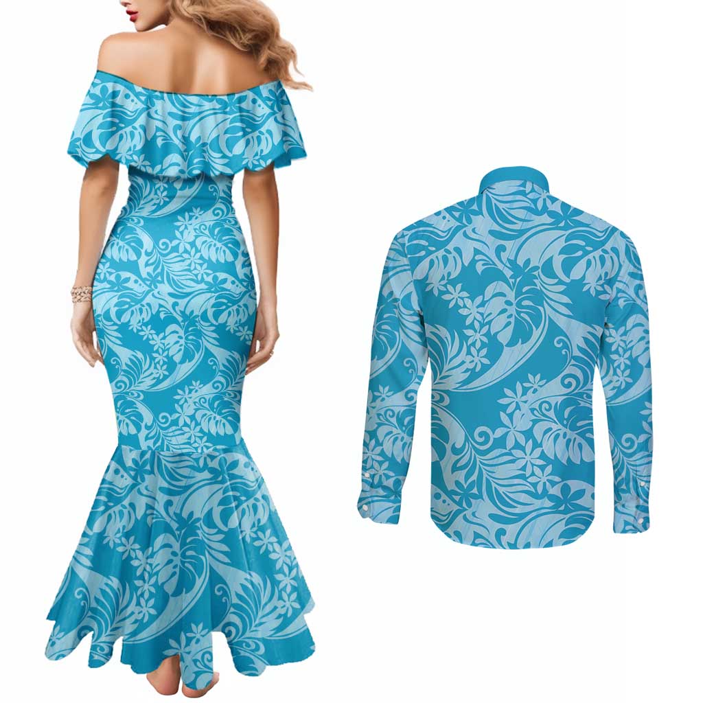Tahiti Ninamu Tiare Floral Couples Matching Mermaid Dress and Long Sleeve Button Shirt Monstera Palm Tropical Leaves LT01 - Polynesian Pride