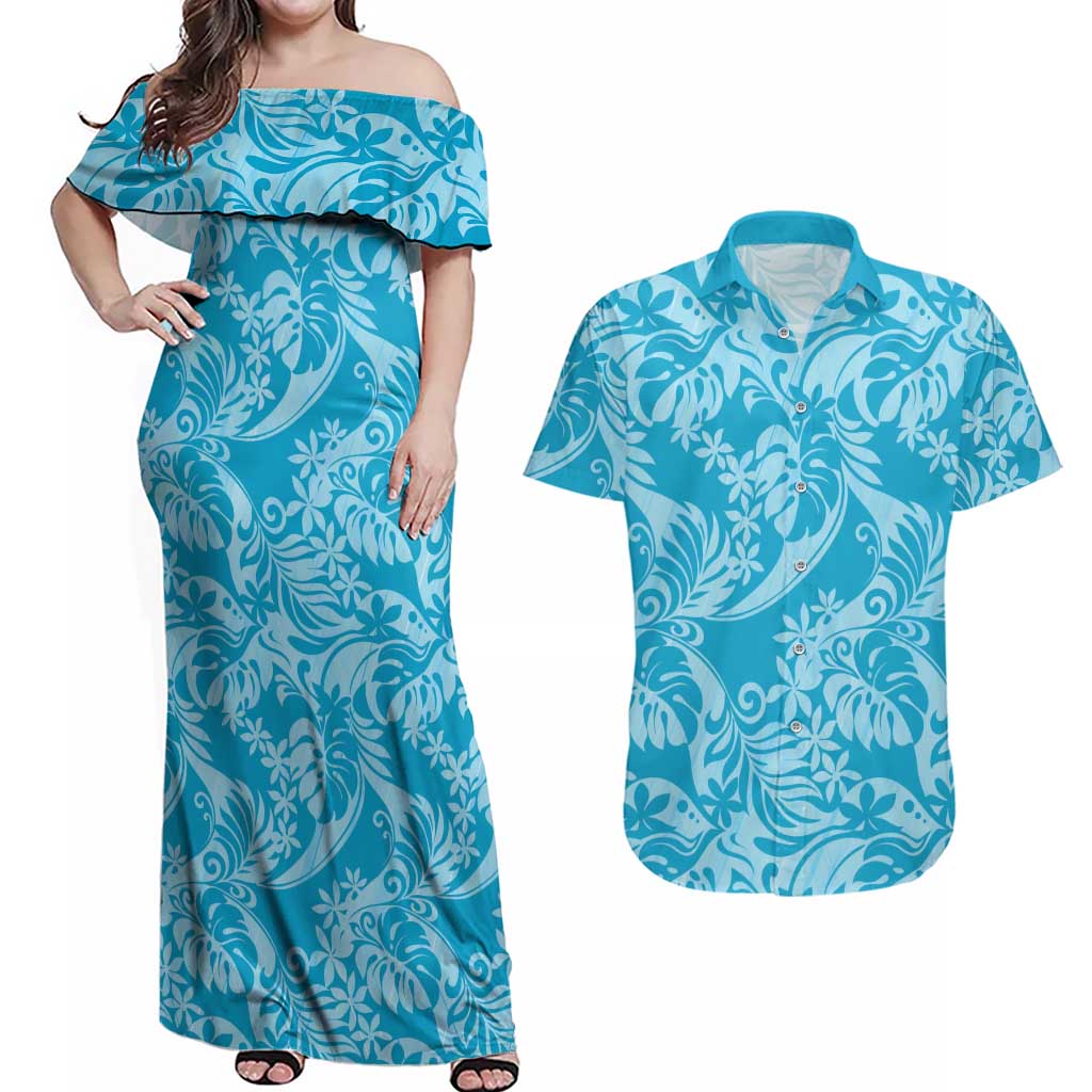 Tahiti Ninamu Tiare Floral Couples Matching Off Shoulder Maxi Dress and Hawaiian Shirt Monstera Palm Tropical Leaves - Polynesian Pride