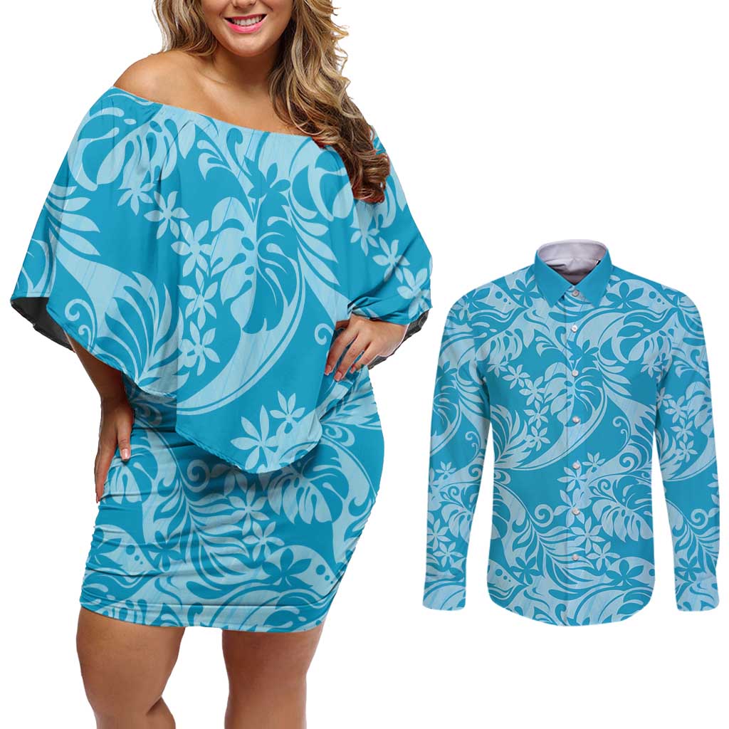 Tahiti Ninamu Tiare Floral Couples Matching Off Shoulder Short Dress and Long Sleeve Button Shirt Monstera Palm Tropical Leaves LT01 Blue - Polynesian Pride