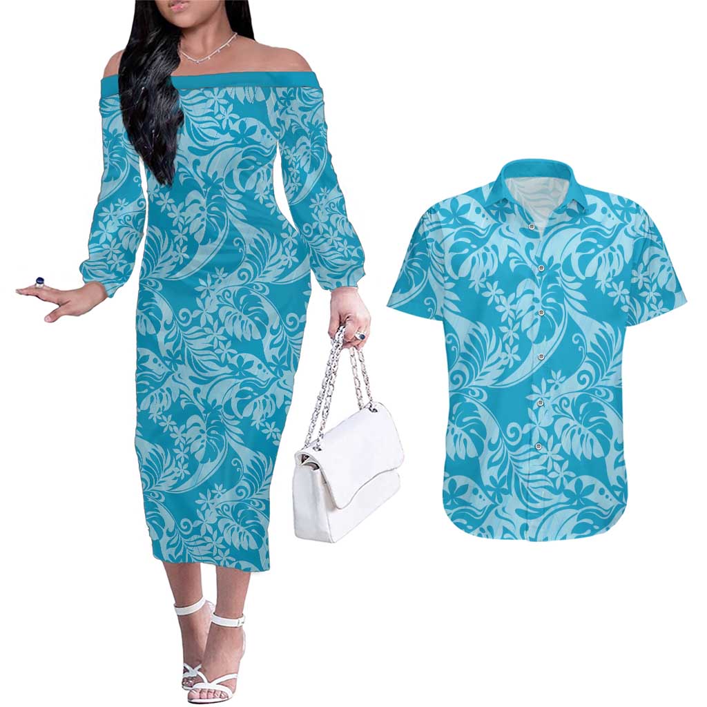 Tahiti Ninamu Tiare Floral Couples Matching Off The Shoulder Long Sleeve Dress and Hawaiian Shirt Monstera Palm Tropical Leaves LT01 Blue - Polynesian Pride