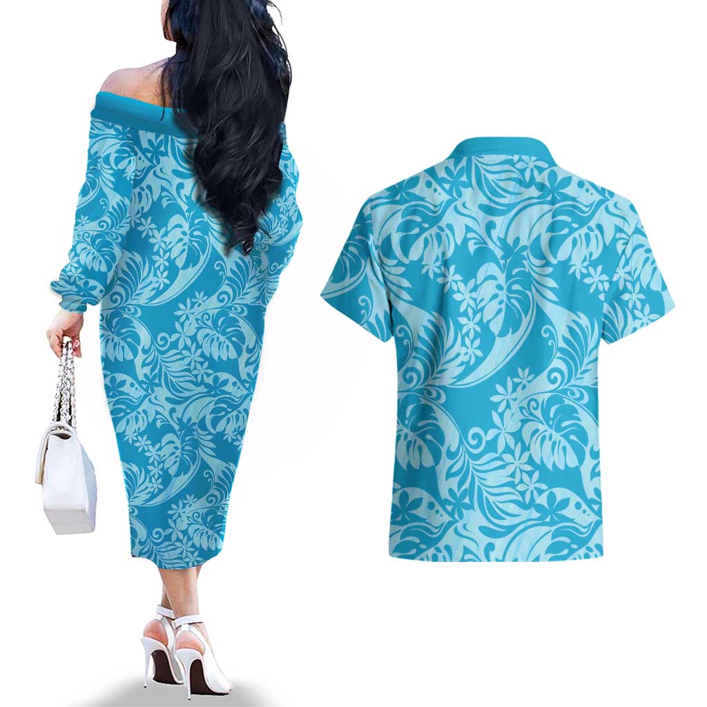 Tahiti Ninamu Tiare Floral Couples Matching Off The Shoulder Long Sleeve Dress and Hawaiian Shirt Monstera Palm Tropical Leaves LT01 - Polynesian Pride