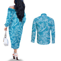Tahiti Ninamu Tiare Floral Couples Matching Off The Shoulder Long Sleeve Dress and Long Sleeve Button Shirt Monstera Palm Tropical Leaves LT01 - Polynesian Pride