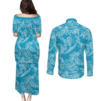 Tahiti Ninamu Tiare Floral Couples Matching Puletasi and Long Sleeve Button Shirt Monstera Palm Tropical Leaves LT01 - Polynesian Pride