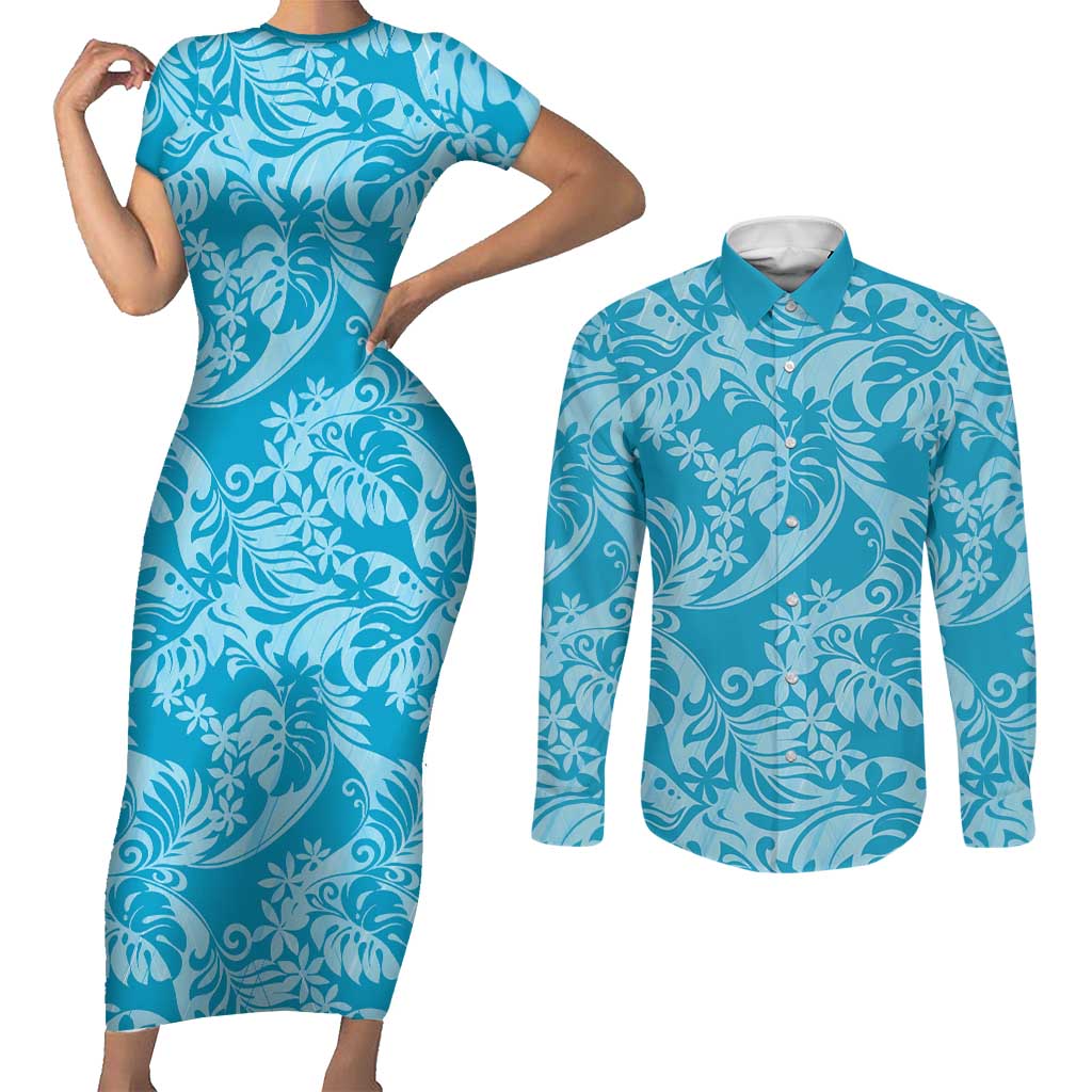 Tahiti Ninamu Tiare Floral Couples Matching Short Sleeve Bodycon Dress and Long Sleeve Button Shirt Monstera Palm Tropical Leaves LT01 Blue - Polynesian Pride