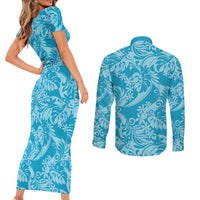 Tahiti Ninamu Tiare Floral Couples Matching Short Sleeve Bodycon Dress and Long Sleeve Button Shirt Monstera Palm Tropical Leaves LT01 - Polynesian Pride