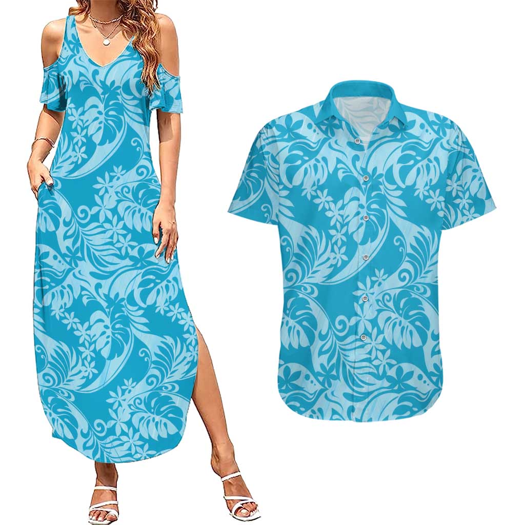 Tahiti Ninamu Tiare Floral Couples Matching Summer Maxi Dress and Hawaiian Shirt Monstera Palm Tropical Leaves LT01 Blue - Polynesian Pride