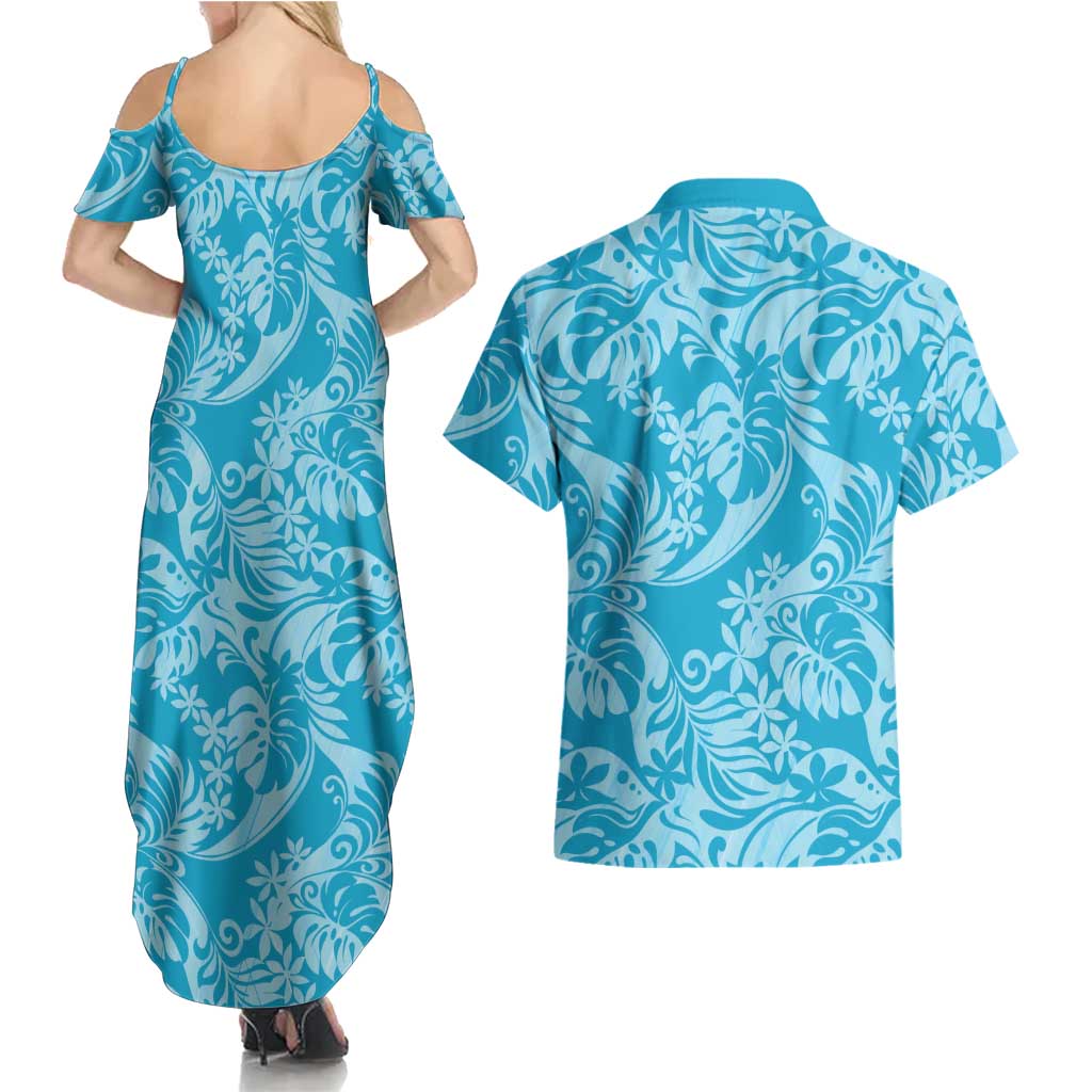 Tahiti Ninamu Tiare Floral Couples Matching Summer Maxi Dress and Hawaiian Shirt Monstera Palm Tropical Leaves LT01 - Polynesian Pride