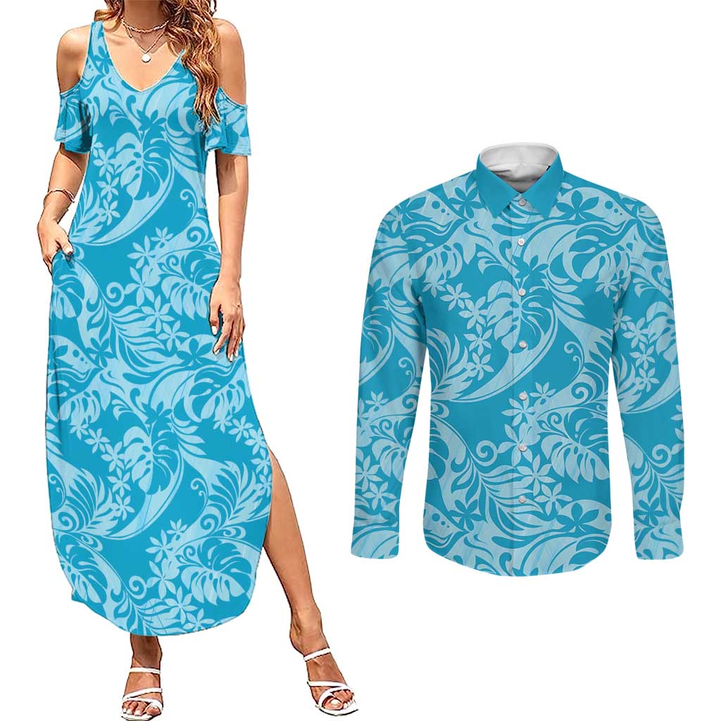Tahiti Ninamu Tiare Floral Couples Matching Summer Maxi Dress and Long Sleeve Button Shirt Monstera Palm Tropical Leaves LT01 Blue - Polynesian Pride