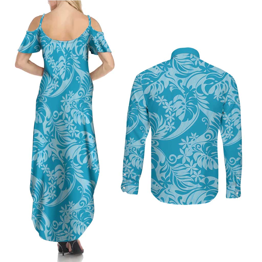 Tahiti Ninamu Tiare Floral Couples Matching Summer Maxi Dress and Long Sleeve Button Shirt Monstera Palm Tropical Leaves LT01 - Polynesian Pride