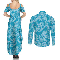 Tahiti Ninamu Tiare Floral Couples Matching Summer Maxi Dress and Long Sleeve Button Shirt Monstera Palm Tropical Leaves LT01 - Polynesian Pride