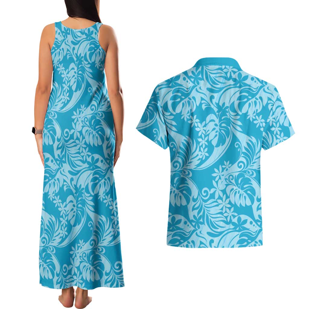 Tahiti Ninamu Tiare Floral Couples Matching Tank Maxi Dress and Hawaiian Shirt Monstera Palm Tropical Leaves LT01 - Polynesian Pride
