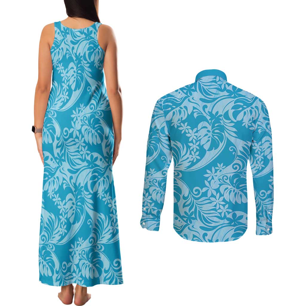 Tahiti Ninamu Tiare Floral Couples Matching Tank Maxi Dress and Long Sleeve Button Shirt Monstera Palm Tropical Leaves LT01 - Polynesian Pride