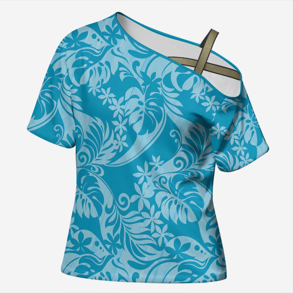 Tahiti Ninamu Tiare Floral Cross Shoulder Shirt Monstera Palm Tropical Leaves - Polynesian Pride