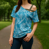 Tahiti Ninamu Tiare Floral Cross Shoulder Shirt Monstera Palm Tropical Leaves LT01 - Polynesian Pride