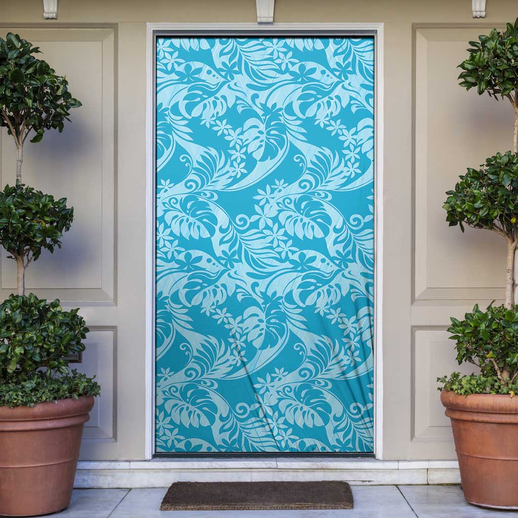 Tahiti Ninamu Tiare Floral Door Cover Monstera Palm Tropical Leaves LT01 Blue - Polynesian Pride