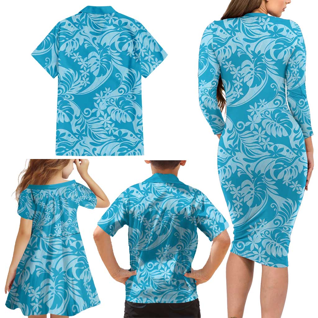 Tahiti Ninamu Tiare Floral Family Matching Long Sleeve Bodycon Dress and Hawaiian Shirt Monstera Palm Tropical Leaves LT01 - Polynesian Pride
