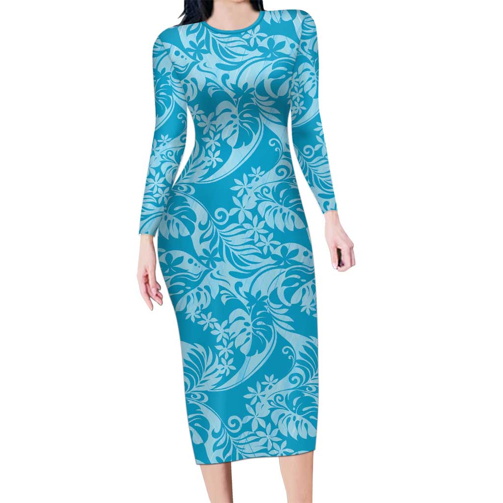 Tahiti Ninamu Tiare Floral Family Matching Long Sleeve Bodycon Dress and Hawaiian Shirt Monstera Palm Tropical Leaves LT01 Mom's Dress Blue - Polynesian Pride