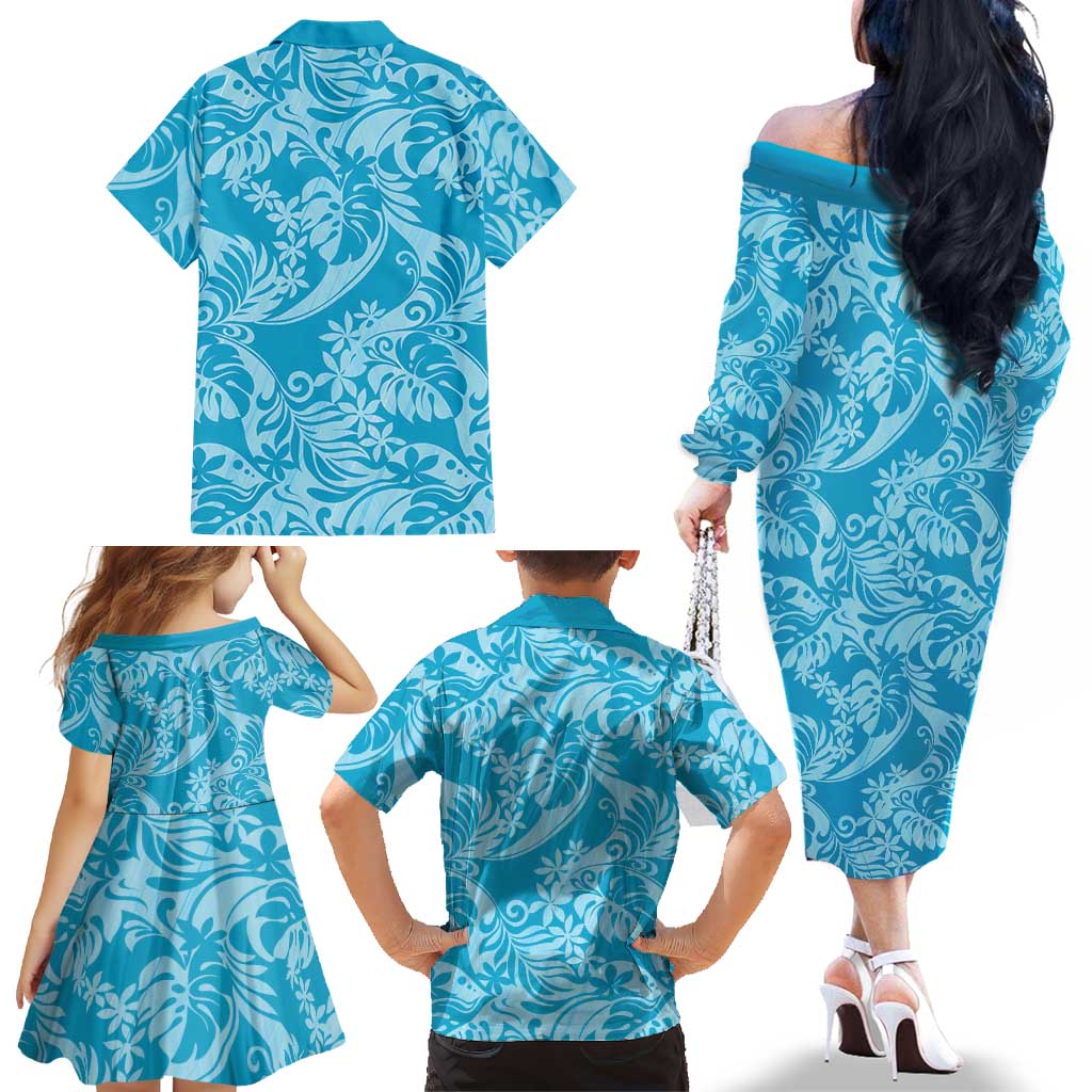 Tahiti Ninamu Tiare Floral Family Matching Off The Shoulder Long Sleeve Dress and Hawaiian Shirt Monstera Palm Tropical Leaves LT01 - Polynesian Pride