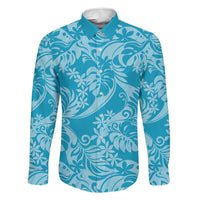 Tahiti Ninamu Tiare Floral Family Matching Off Shoulder Short Dress and Hawaiian Shirt Monstera Palm Tropical Leaves LT01 Dad's Shirt - Long Sleeve Blue - Polynesian Pride