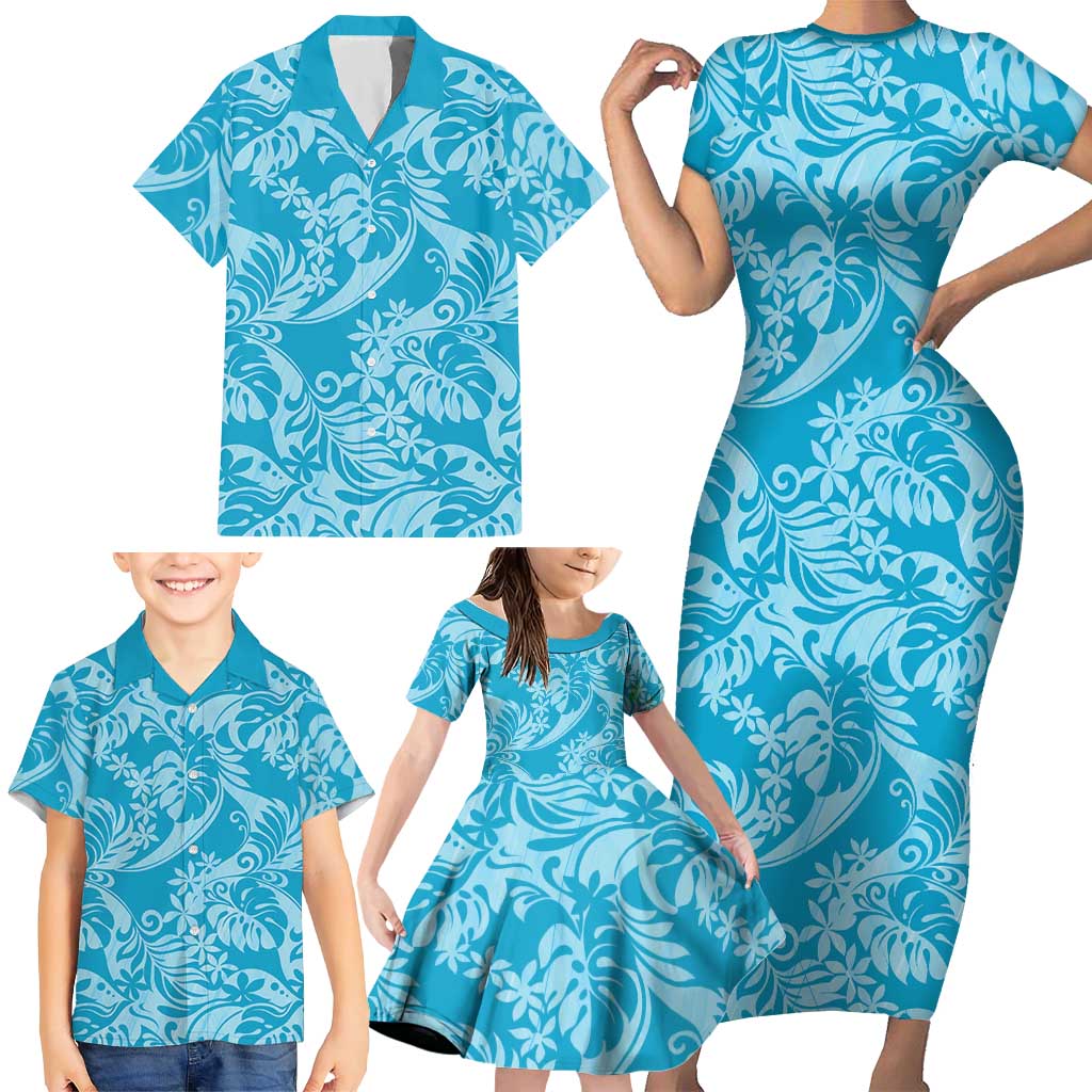 Tahiti Ninamu Tiare Floral Family Matching Short Sleeve Bodycon Dress and Hawaiian Shirt Monstera Palm Tropical Leaves LT01 - Polynesian Pride