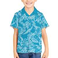 Tahiti Ninamu Tiare Floral Family Matching Summer Maxi Dress and Hawaiian Shirt Monstera Palm Tropical Leaves LT01 Son's Shirt Blue - Polynesian Pride