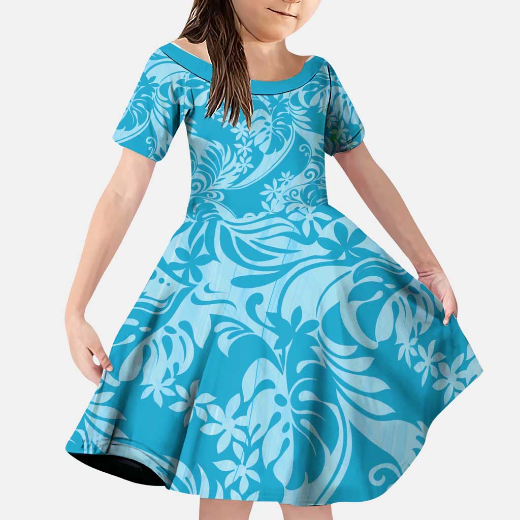 Tahiti Ninamu Tiare Floral Family Matching Tank Maxi Dress and Hawaiian Shirt Monstera Palm Tropical Leaves LT01 Daughter's Dress Blue - Polynesian Pride