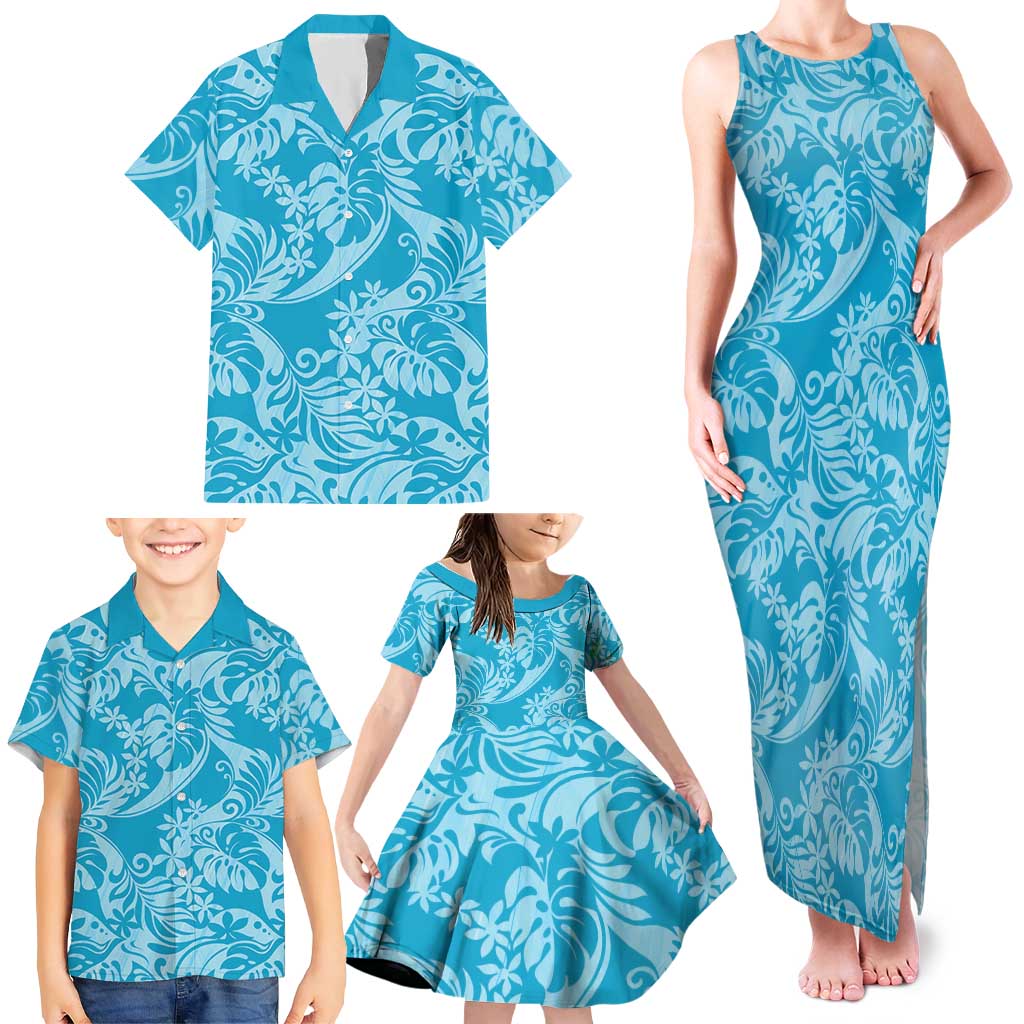 Tahiti Ninamu Tiare Floral Family Matching Tank Maxi Dress and Hawaiian Shirt Monstera Palm Tropical Leaves - Polynesian Pride