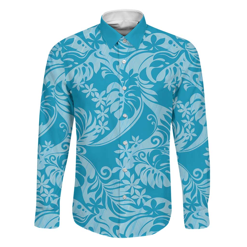 Tahiti Ninamu Tiare Floral Family Matching Tank Maxi Dress and Hawaiian Shirt Monstera Palm Tropical Leaves LT01 Dad's Shirt - Long Sleeve Blue - Polynesian Pride
