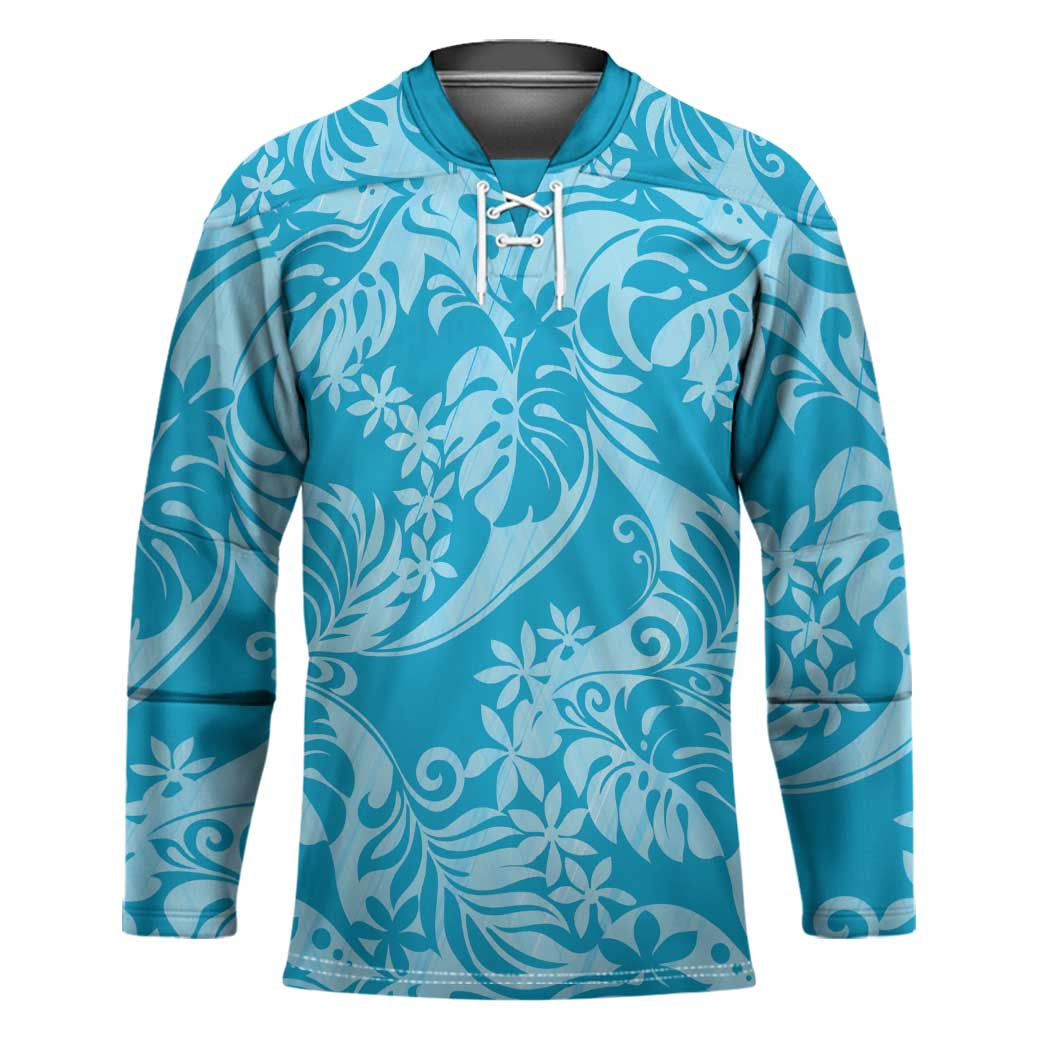 Tahiti Ninamu Tiare Floral Hockey Jersey Monstera Palm Tropical Leaves LT01 Unisex Blue - Polynesian Pride