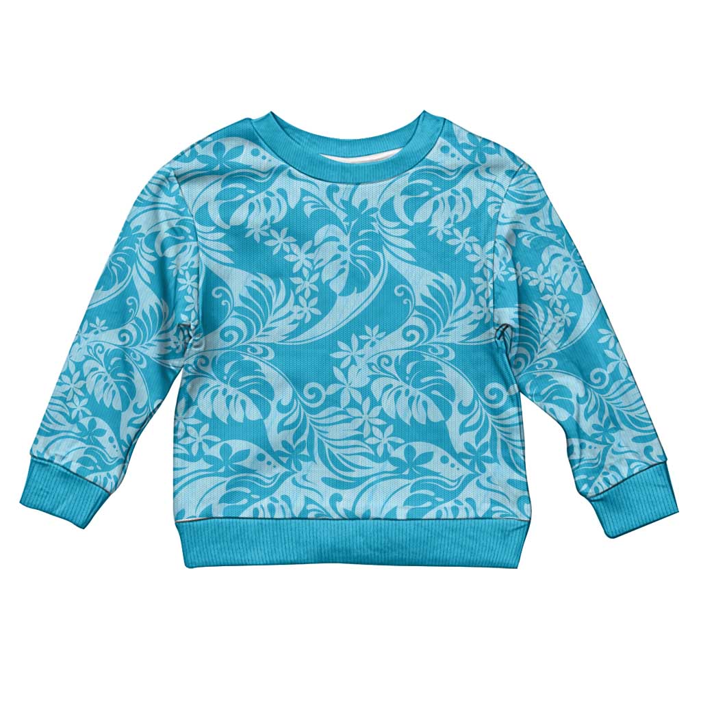 Tahiti Ninamu Tiare Floral Kid Ugly Christmas Sweater Monstera Palm Tropical Leaves LT01 Kid Blue - Polynesian Pride
