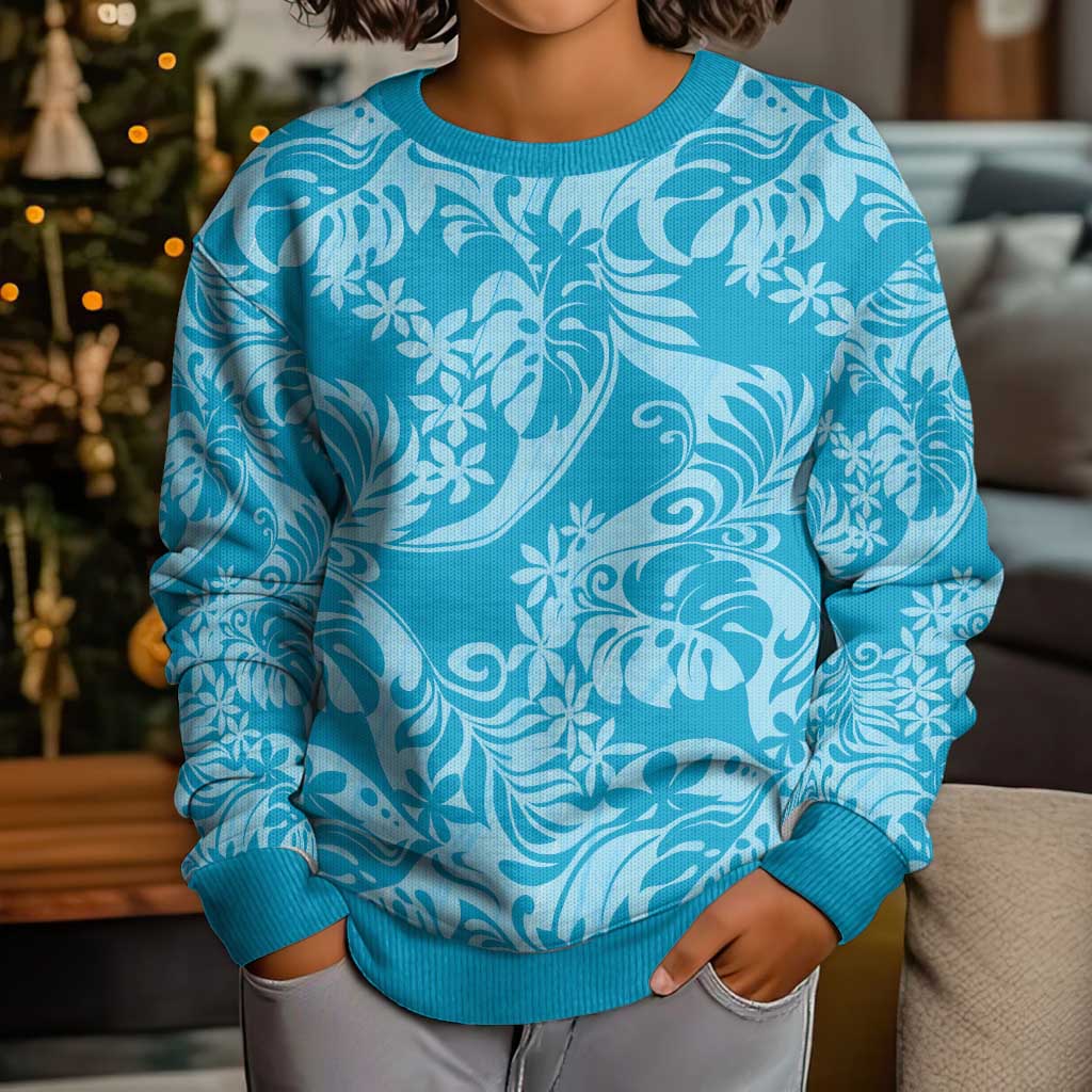 Tahiti Ninamu Tiare Floral Kid Ugly Christmas Sweater Monstera Palm Tropical Leaves LT01 - Polynesian Pride