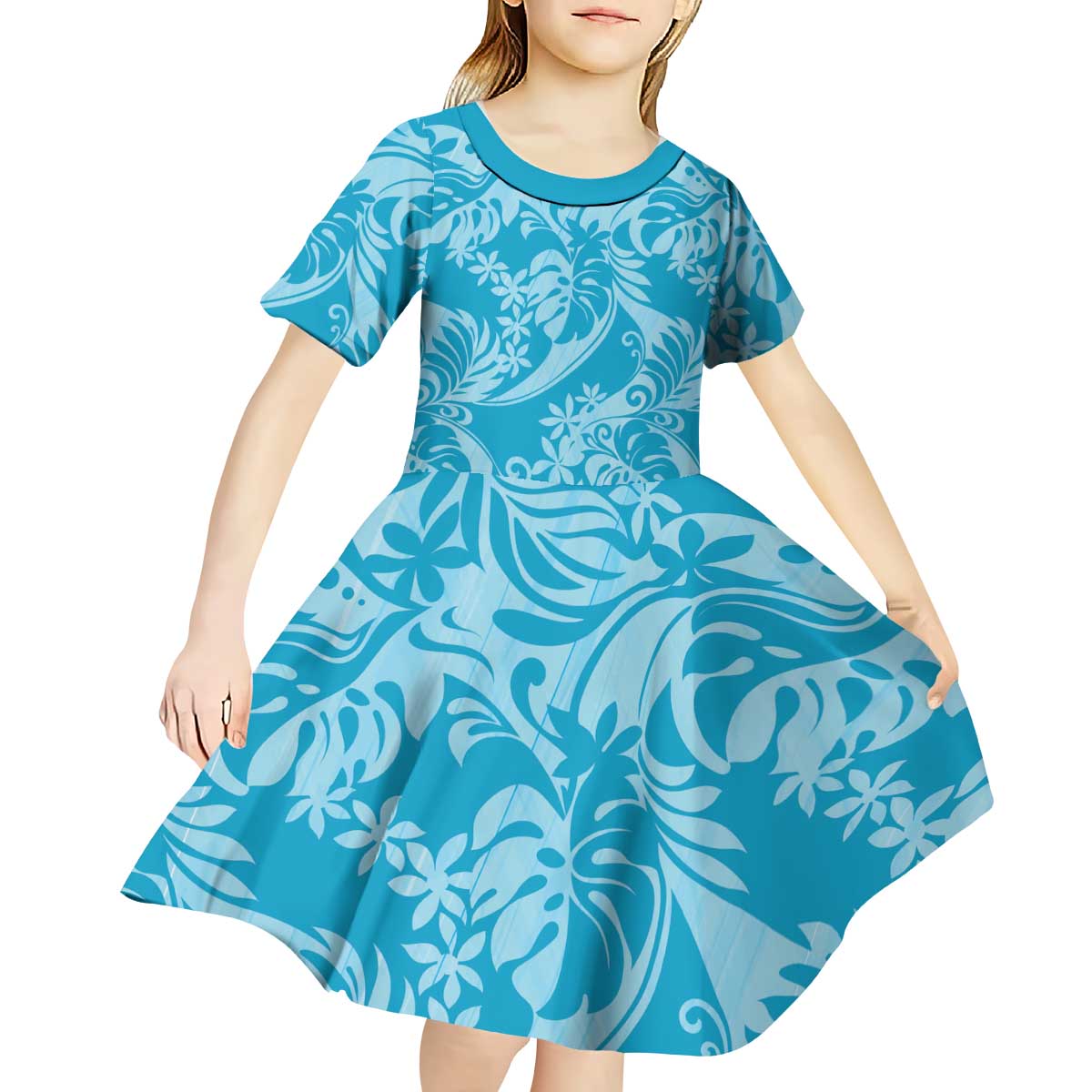 Tahiti Ninamu Tiare Floral Kid Short Sleeve Dress Monstera Palm Tropical Leaves LT01 - Polynesian Pride