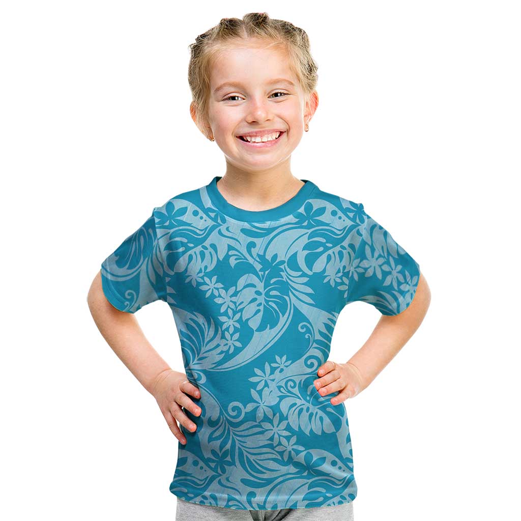 Tahiti Ninamu Tiare Floral Kid T Shirt Monstera Palm Tropical Leaves LT01 Blue - Polynesian Pride