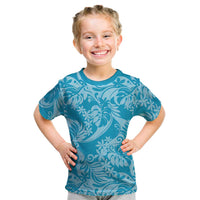 Tahiti Ninamu Tiare Floral Kid T Shirt Monstera Palm Tropical Leaves LT01 Blue - Polynesian Pride