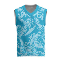 Tahiti Ninamu Tiare Floral Christmas Knitted V-Neck Vest Monstera Palm Tropical Leaves LT01 Blue - Polynesian Pride