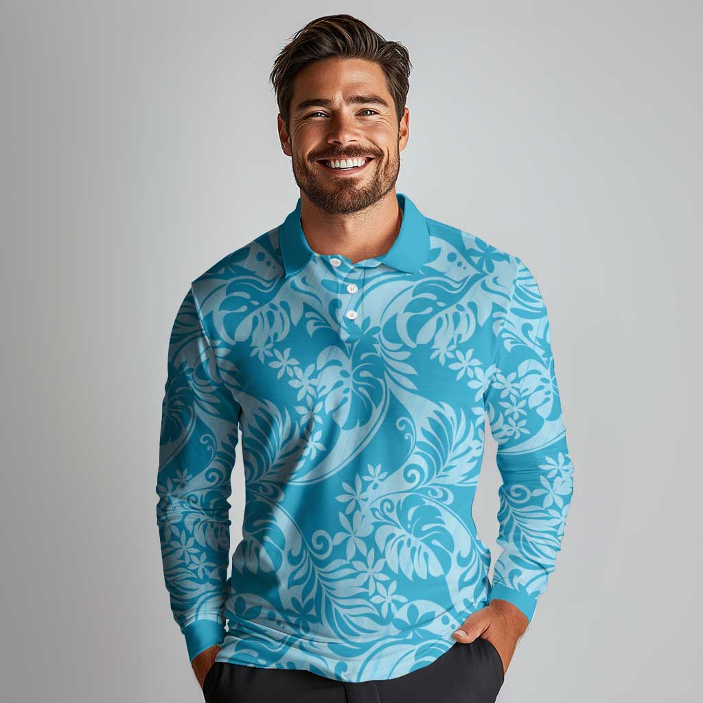 Tahiti Ninamu Tiare Floral Long Sleeve Polo Shirt Monstera Palm Tropical Leaves LT01 - Polynesian Pride