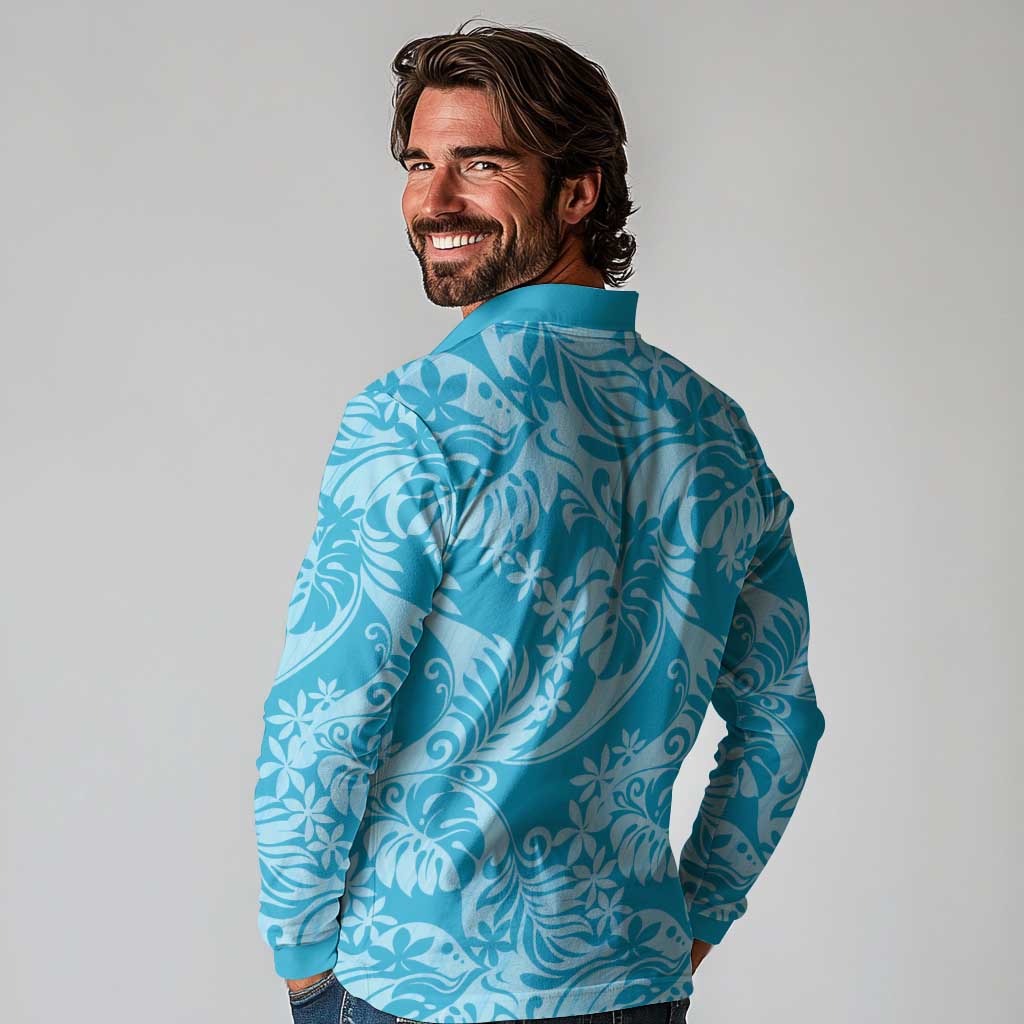 Tahiti Ninamu Tiare Floral Long Sleeve Polo Shirt Monstera Palm Tropical Leaves LT01 - Polynesian Pride