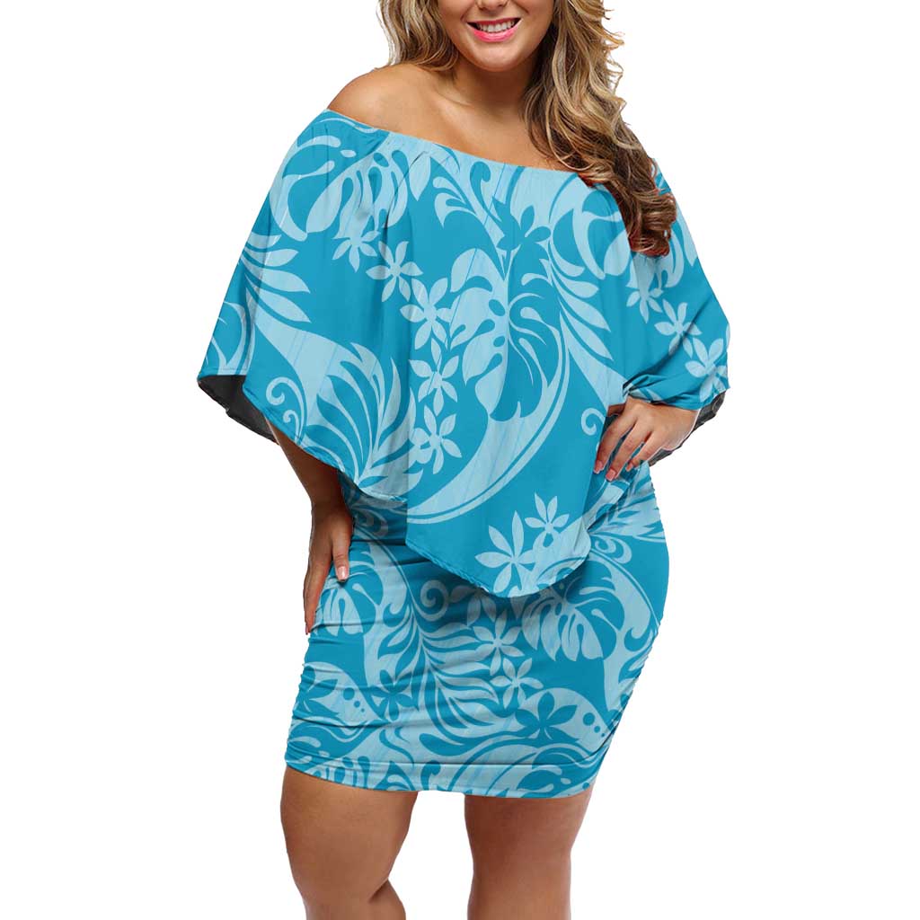 Tahiti Ninamu Tiare Floral Off Shoulder Short Dress Monstera Palm Tropical Leaves LT01 Women Blue - Polynesian Pride
