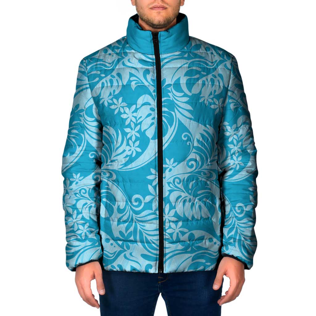 Tahiti Ninamu Tiare Floral Padded Jacket Monstera Palm Tropical Leaves LT01 Men Blue - Polynesian Pride